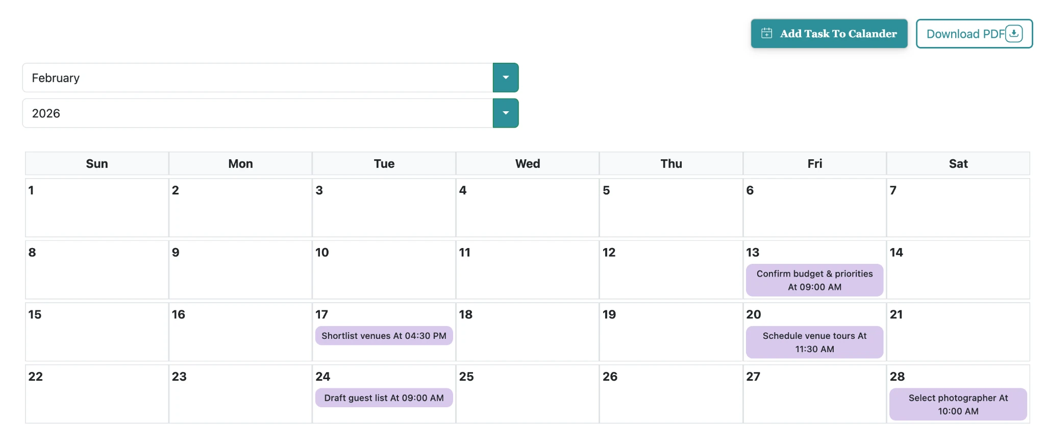 Wedding checklist calendar view with due dates